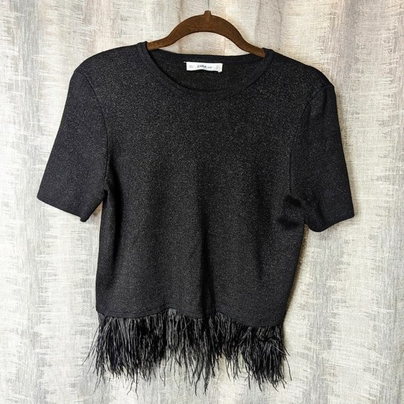 Zara Sweaters - NWOT Size M Zara knit sparkly black knit top with feather fringe